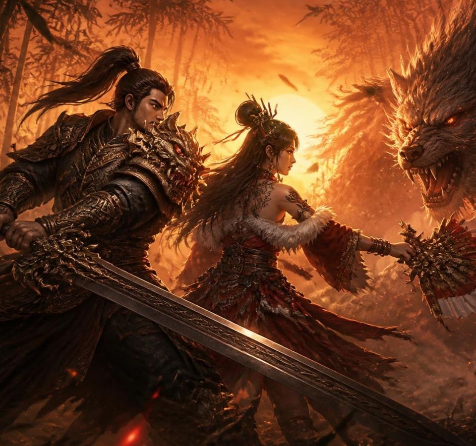 Two warriors face a giant beast in a burning forest