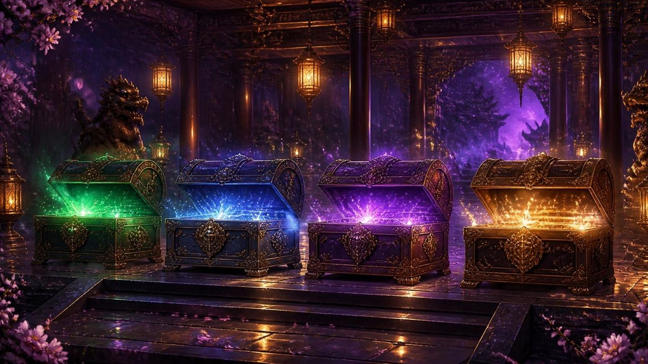 Four open mystery chests glowing green, blue, purple and gold
