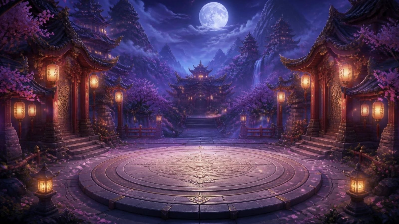 A lantern-lit temple courtyard under the moon