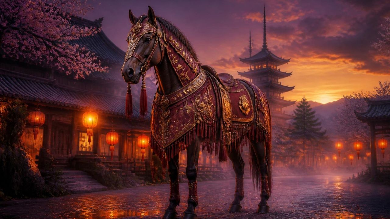 The Armoured Horse in a lantern-lit street at dusk